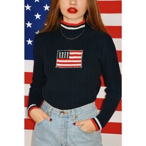 Vintage Casual Corner Flag Knit Pullover Sweater Large Y2K Preppy Americana Cozy